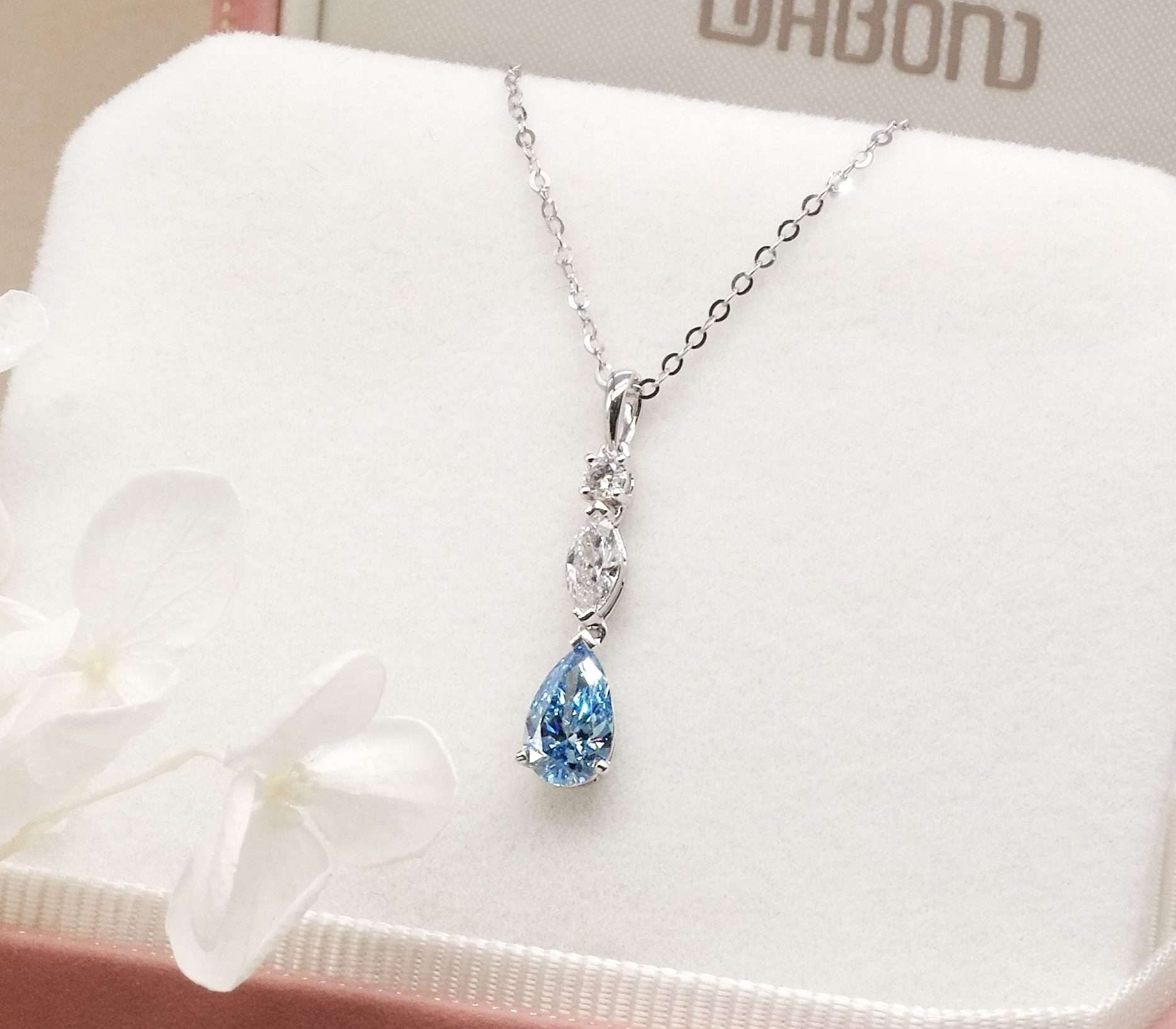 Pear Cut Lab Grown Blue Diamond Pendant Necklace FDN2154