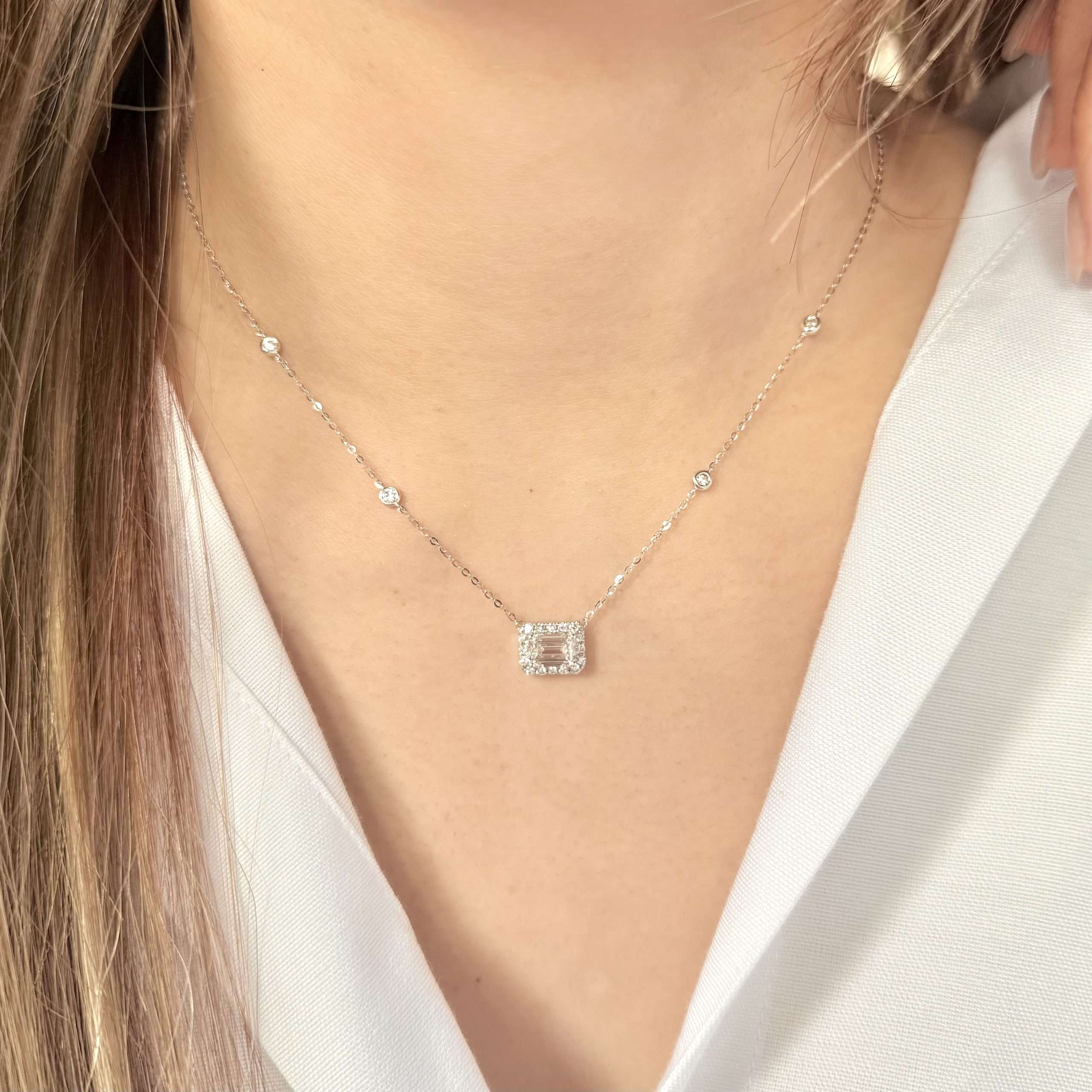 1ct Halo Emerald Cut Necklace with Bezel Set Chain FDN2170