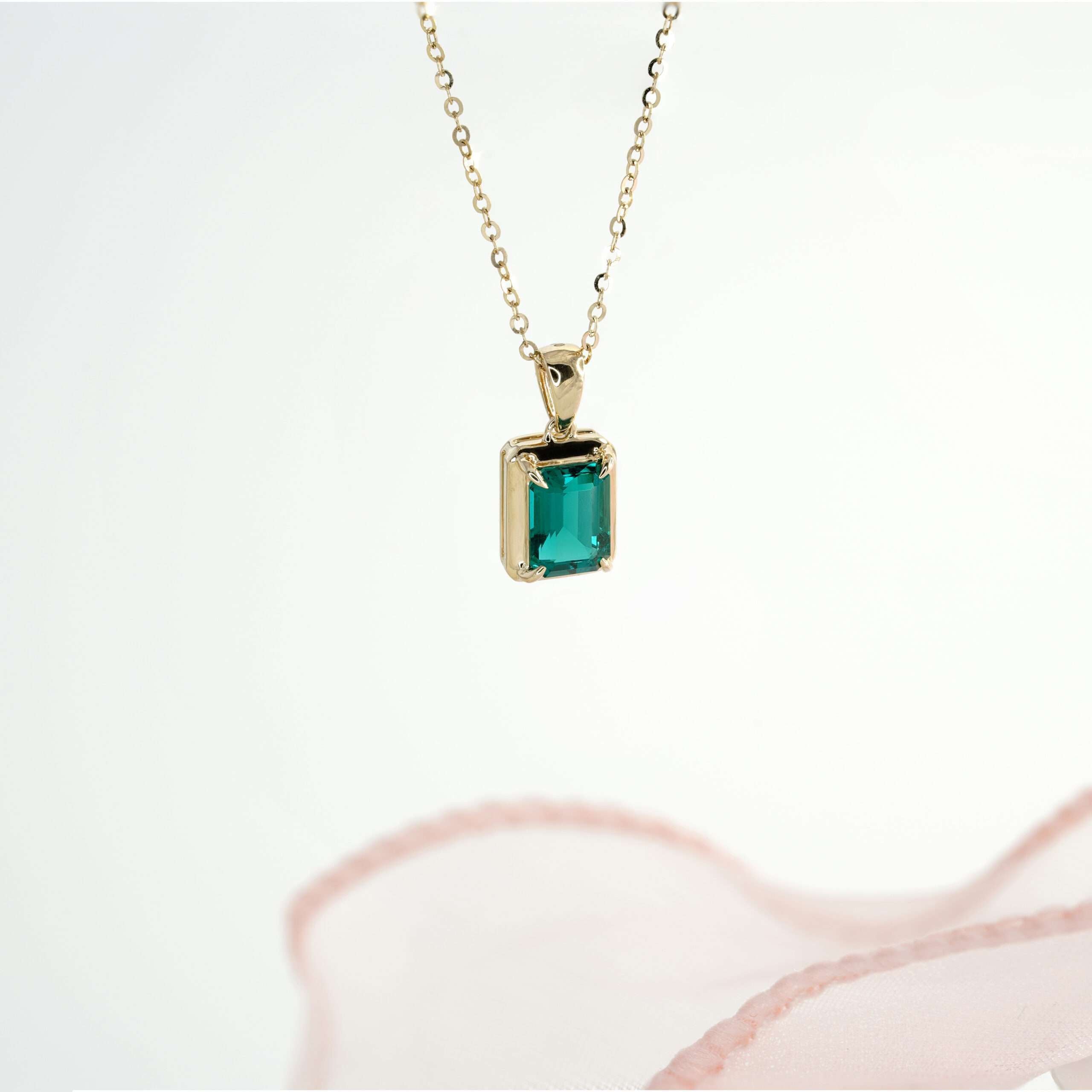Bezel Set Emerald Shaped Lab Grown Gemstone Pendant Necklace FDP2226