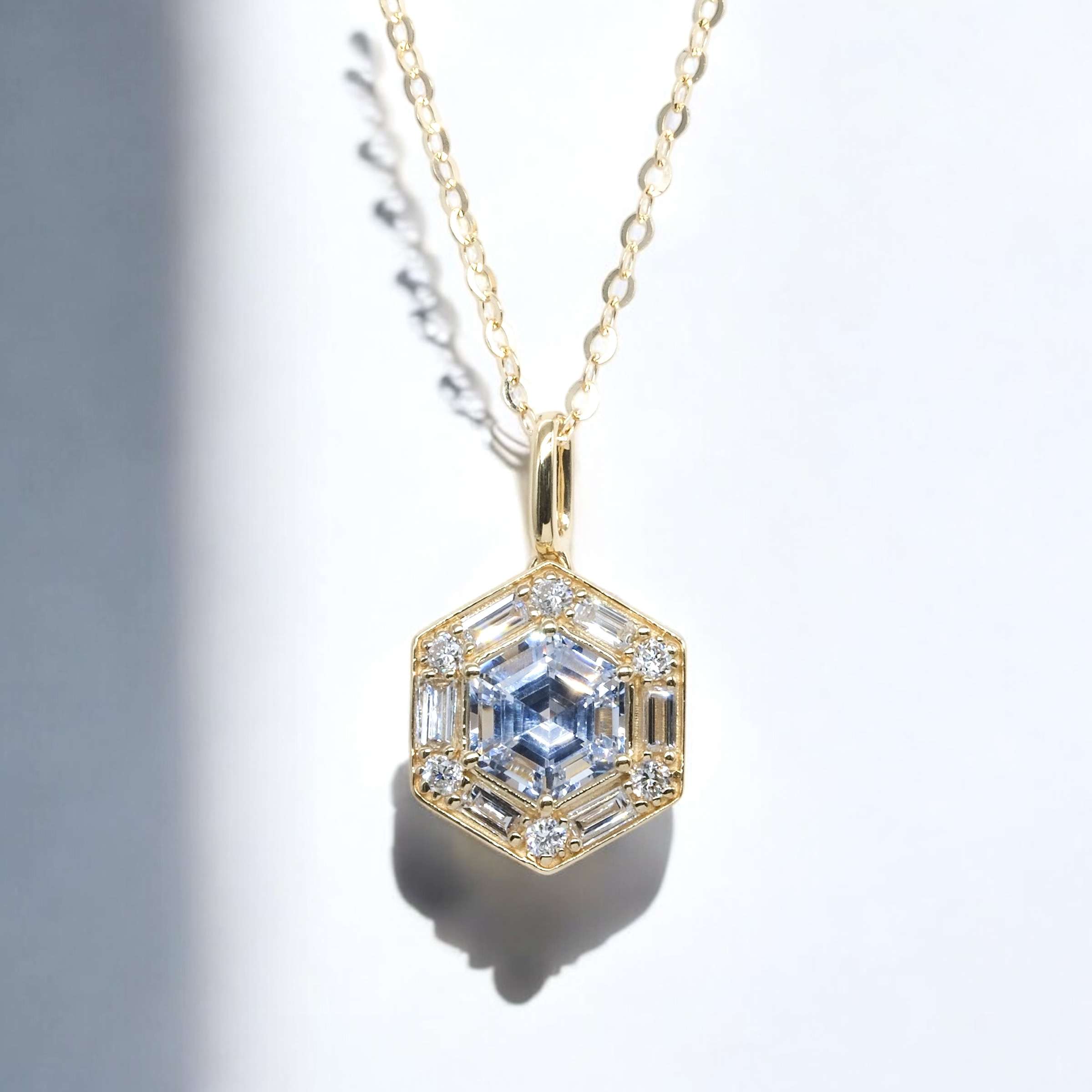 Hexagon Cut Halo Lab Grown Gemstone Pendant Necklace FDP2251