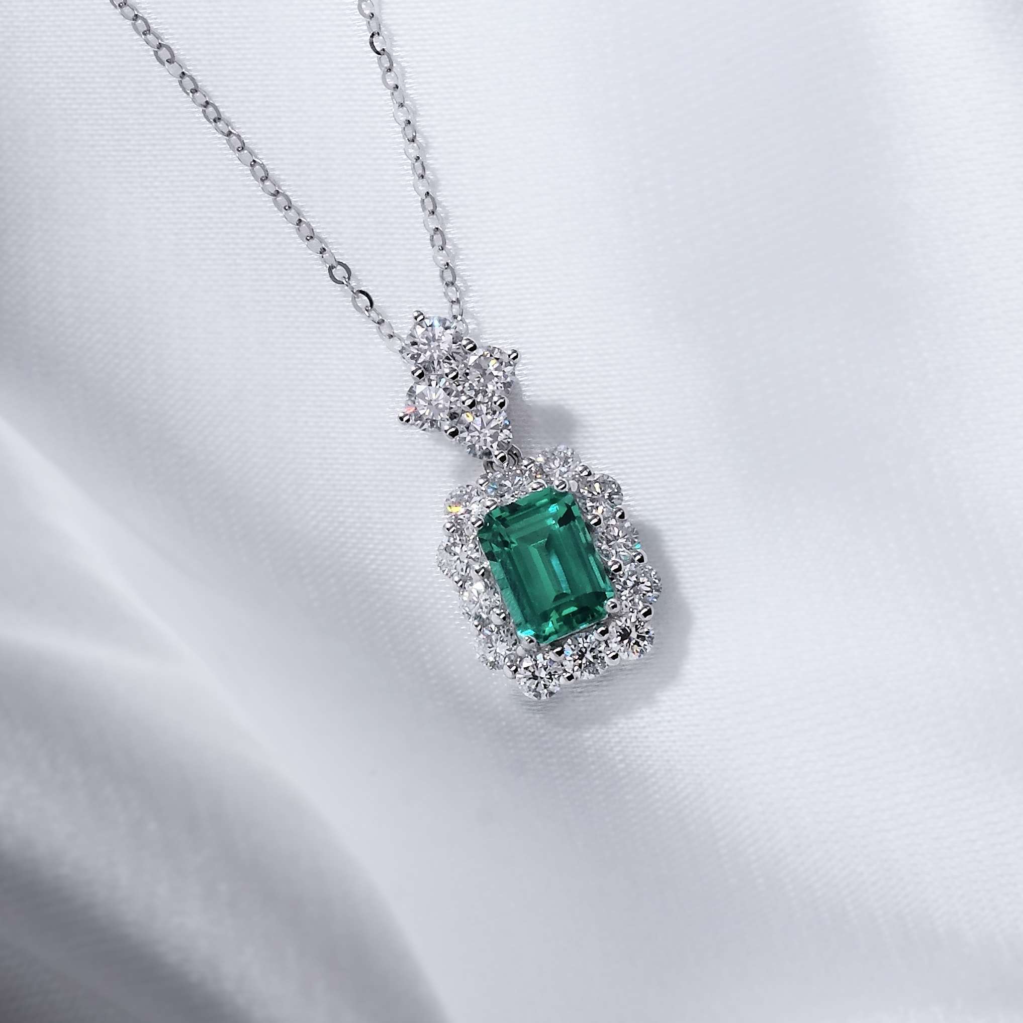 Emerald Cut Lab Grown Gemstone Halo Pendant Necklace FDP2270